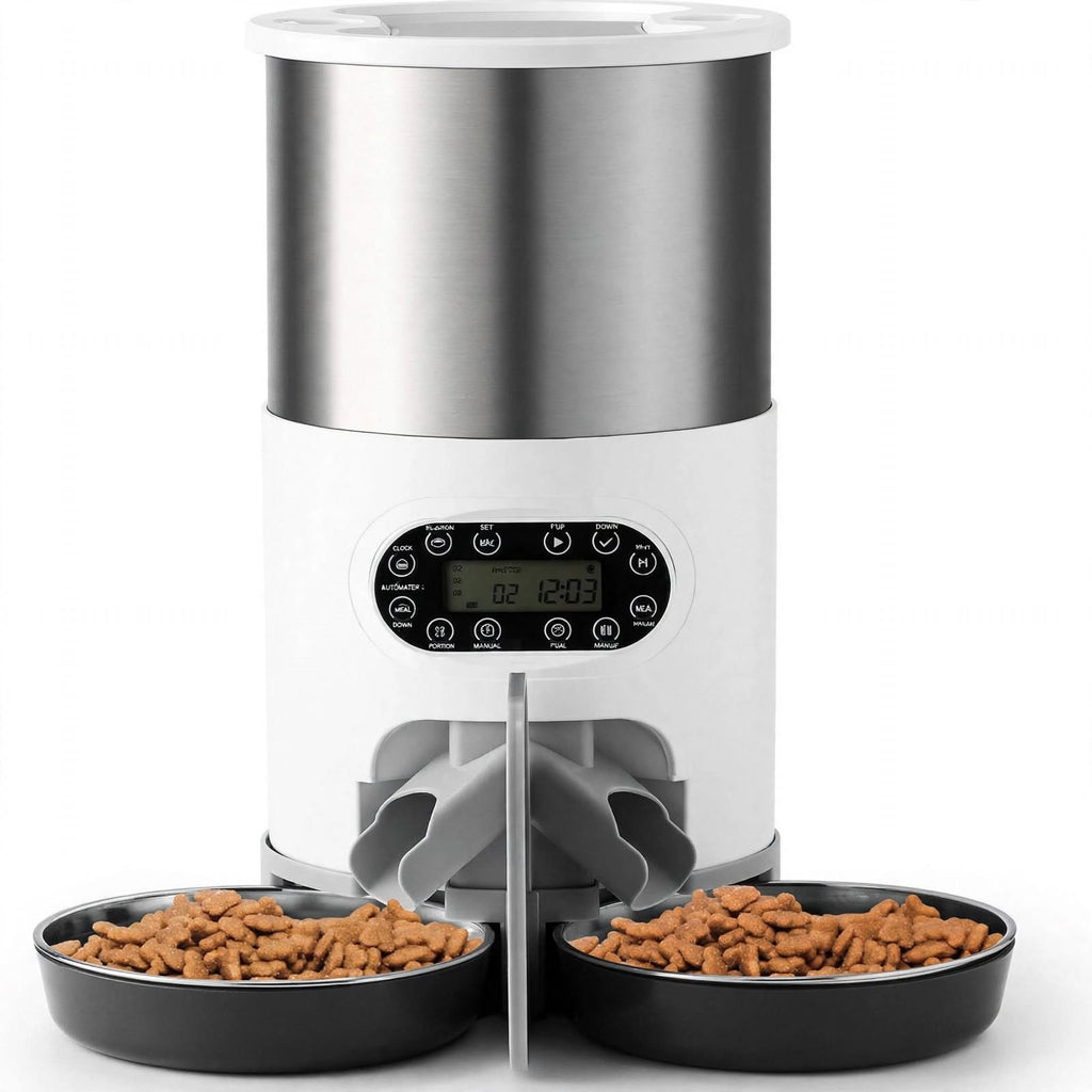 Double tray automatic pet feeder with stainless steel bowls